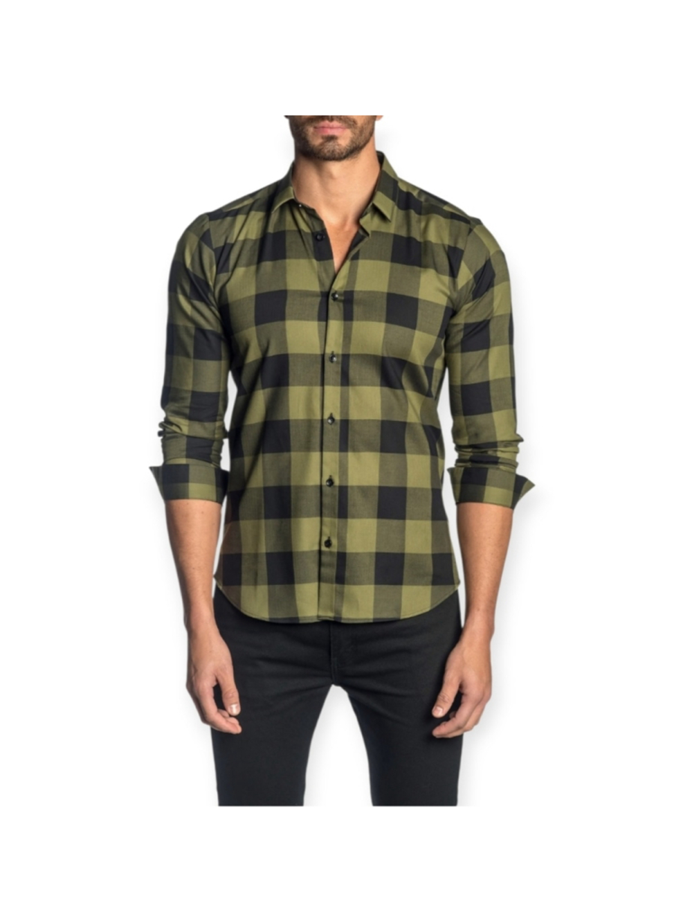 Jared Lang Slim Fit Olive and Black Plaid Button Up Shirt Mens M